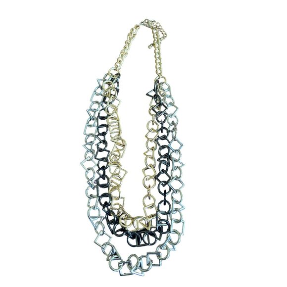Geometric Links Multi-Layered Statement Necklace Gold Black Silver Adjustable - Picture 4 of 5